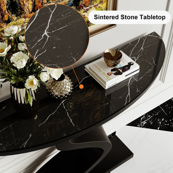 Modanio Modern Black Curved Console Table with Marble Top