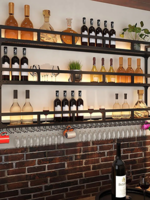 MOD-CR-05_1 Modanio LuxeWall Black Metal Wall Mounted Wine Rack with Glass Holder Bar Shelf for Kitchen & Dining Room Decor