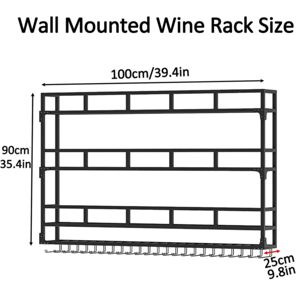 Modanio LuxeWall Black Metal Wall Mounted Wine Rack with Glass Holder Bar Shelf for Kitchen & Dining Room Decor