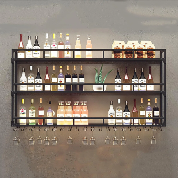 Modanio LuxeWall Black Metal Wall Mounted Wine Rack with Glass Holder Bar Shelf for Kitchen & Dining Room Decor