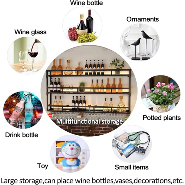 Modanio LuxeWall Black Metal Wall Mounted Wine Rack with Glass Holder Bar Shelf for Kitchen & Dining Room Decor