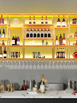 MOD-CR-07_1 Modanio Yaden Gold Wall Mounted Wine And Glass Rack Luxe Metal Display for Stylish Living