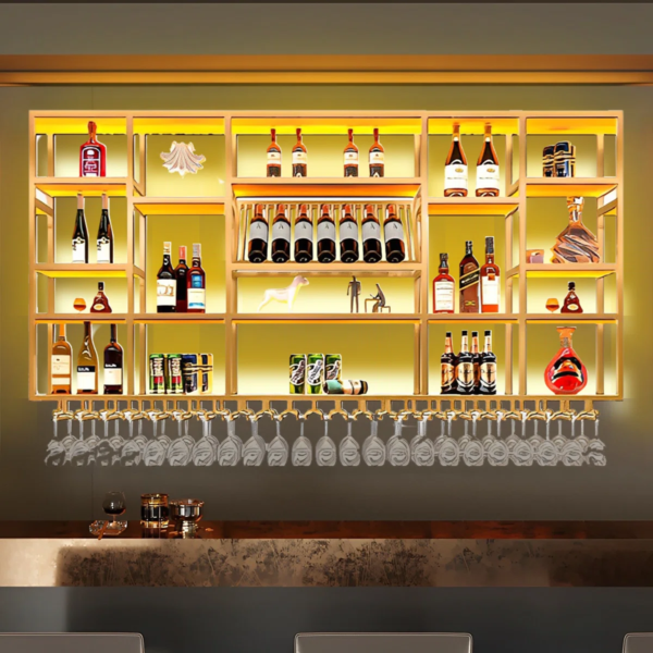 Modanio Yaden Gold Wall Mounted Wine And Glass Rack Luxe Metal Display for Stylish Living