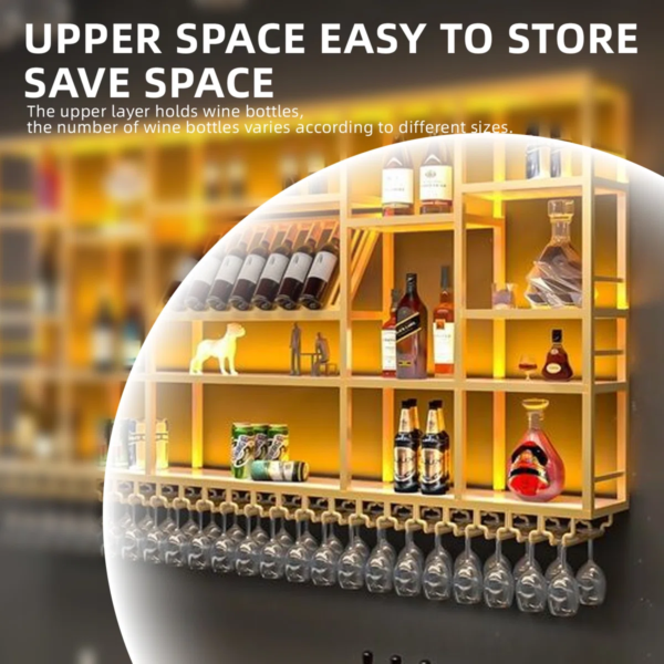 Modanio Yaden Gold Wall Mounted Wine And Glass Rack Luxe Metal Display for Stylish Living