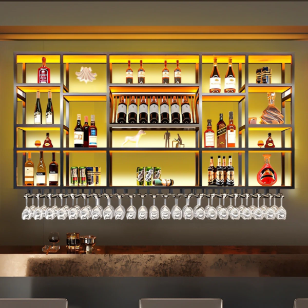 Modanio Jozey Wall Mounted Wine & Glass Rack in Black Large Capacity, Modern Metal Bar Shelf