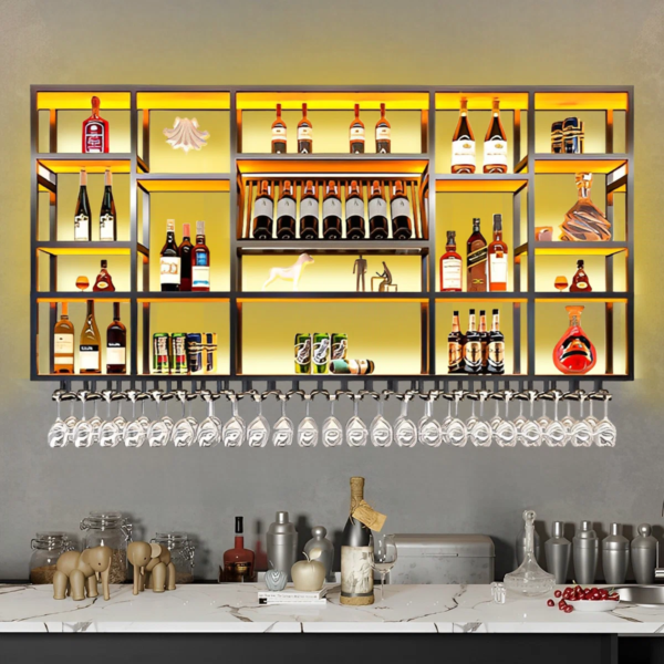 Modanio Jozey Wall Mounted Wine & Glass Rack in Black Large Capacity, Modern Metal Bar Shelf