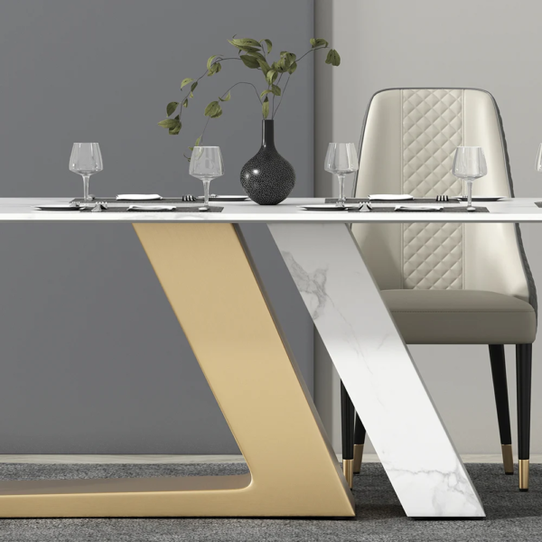 Modanio Luxury Dining Table Set | Rectangle Marble Dining Table With 8  Chairs | PVD Gold Finish