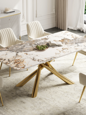 MOD-DT-04_1 Modanio Contemporary Rectangle Dining Table with Marble Top and with 6 Chairs – PVD Gold Finish