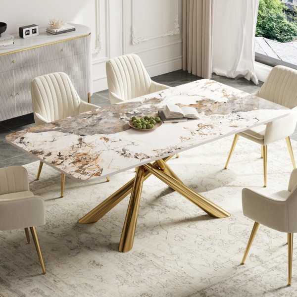 Modanio Contemporary Rectangle  Dining Table with Marble Top and with 6 Chairs – PVD Gold Finish