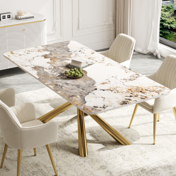 Modanio Contemporary Rectangle  Dining Table with Marble Top and with 6 Chairs – PVD Gold Finish