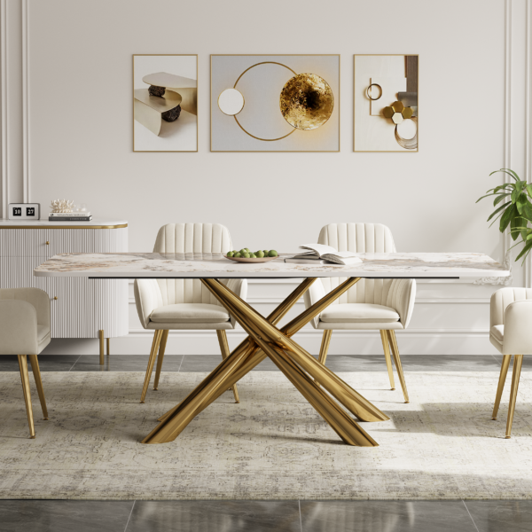 Modanio Contemporary Rectangle  Dining Table with Marble Top and with 6 Chairs – PVD Gold Finish