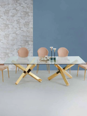 Modanio Stella Dining Table with 12mm Glass Top | Gold Stainless Steel Pedestal Base