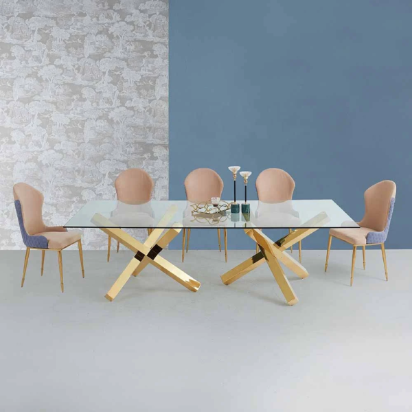 Modanio Stella Dining Table with 12mm Glass Top | Gold Stainless Steel Pedestal Base