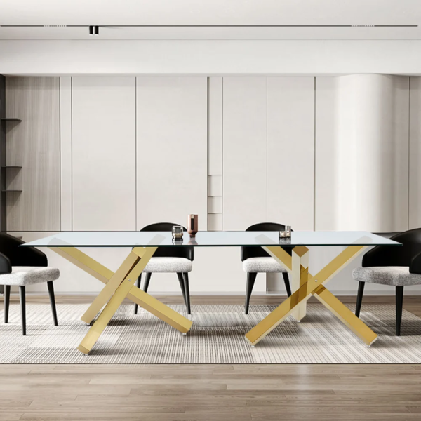 Modanio Stella Dining Table with 12mm Glass Top | Gold Stainless Steel Pedestal Base