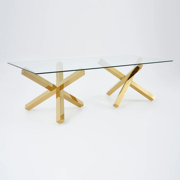 Modanio Stella Dining Table with 12mm Glass Top | Gold Stainless Steel Pedestal Base