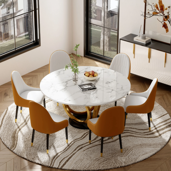 Modanio Modern Style Round Dining Table With Marble Top And With 4 Chairs
