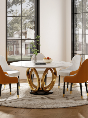 MOD-DT-06_13 Modanio Modern Style Round Dining Table With Marble Top And With 4 Chairs