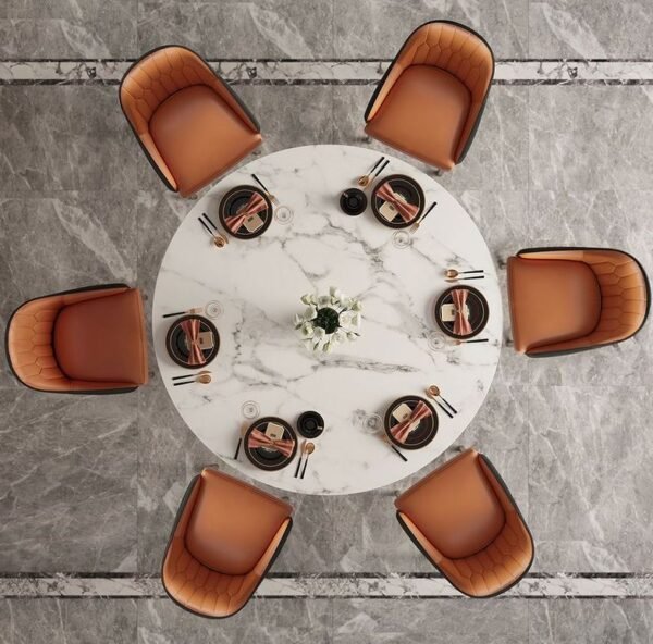 Modanio Modern Style Round Dining Table With Marble Top And With 4 Chairs