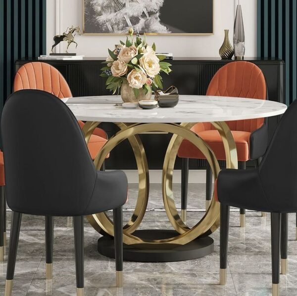 Modanio Modern Style Round Dining Table With Marble Top And With 4 Chairs