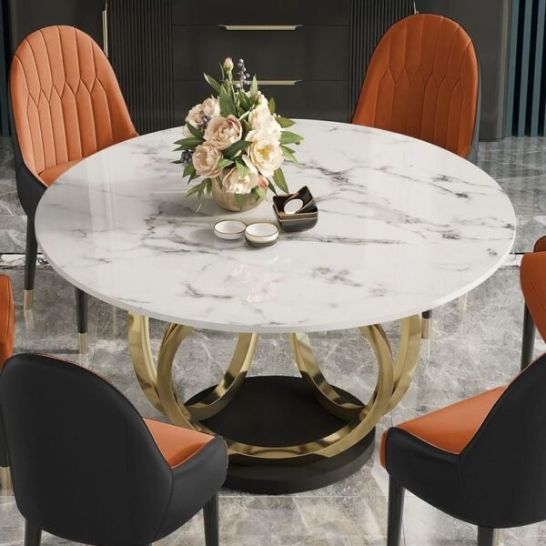 Modanio Modern Style Round Dining Table With Marble Top And With 4 Chairs