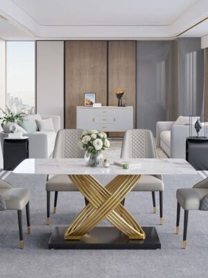Modanio Modern X-Shape Base Dining Table With Marble Top And 6 Chairs