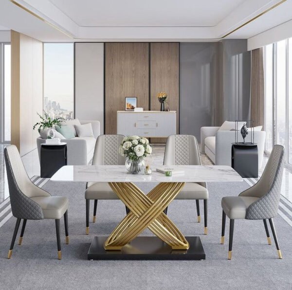 Modanio Modern X-Shape Base Dining Table With Marble Top And 6 Chairs