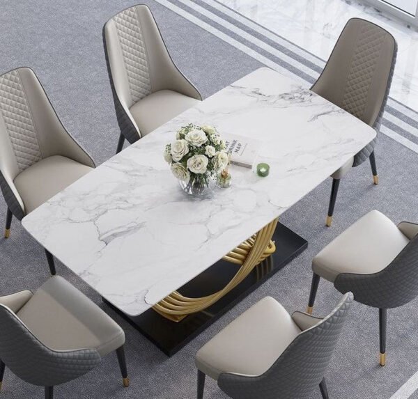 Modanio Modern X-Shape Base Dining Table With Marble Top And 6 Chairs