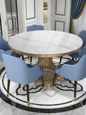 MOD-DT-09_2 Modanio Modern Fluted Pillar Dining Table With Round Marble Top with 4 Chairs
