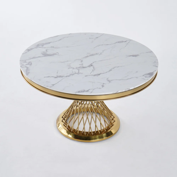 Modanio Modern Fluted Pillar Dining Table With Round Marble Top with 4 Chairs