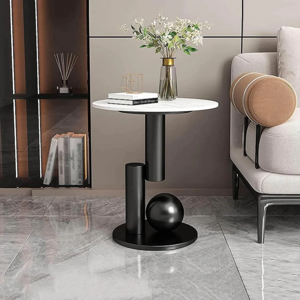 Modanio Round Black Side Table, Modern Style End Table Marble Nightstand SS Frame for Small Space Living Room Bedroom