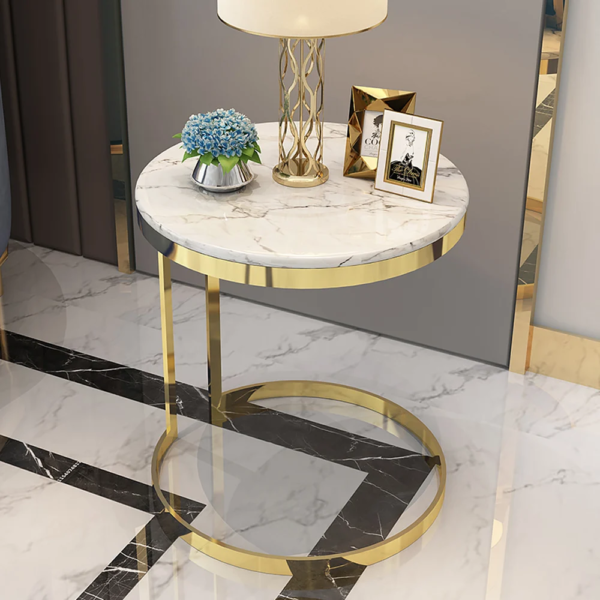 Modanio Side Table with Round Marble Top And Stainless Frame, Bedside Table for Bedroom and End Table For Living Room