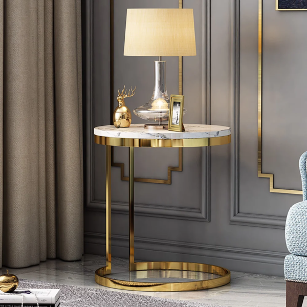 Modanio Side Table with Round Marble Top And Stainless Frame, Bedside Table for Bedroom and End Table For Living Room