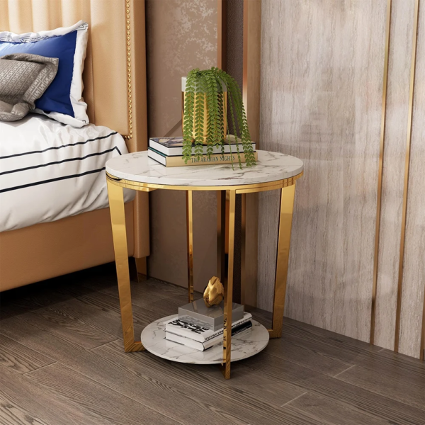 Modanio Italian Marble Round End Table for Living Room with Storage Shelf Gold Stainless Steel