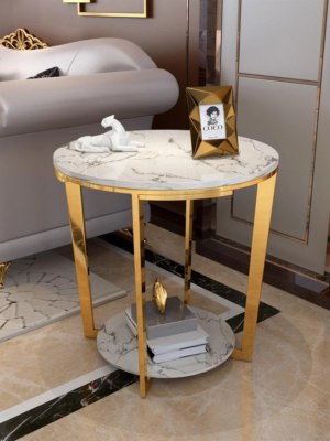 Modanio Italian Marble Round End Table for Living Room with Storage Shelf Gold Stainless Steel