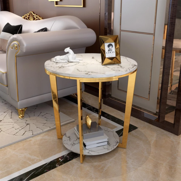 Modanio Italian Marble Round End Table for Living Room with Storage Shelf Gold Stainless Steel