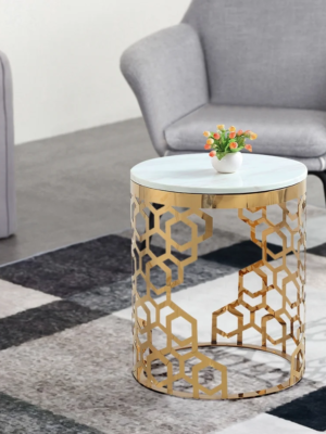 Modanio Contemporary Side Table | Currs Round Gold Side Table with Marble Top | End Table with Stainless Steel Frame, 16"Dia x 18"H
