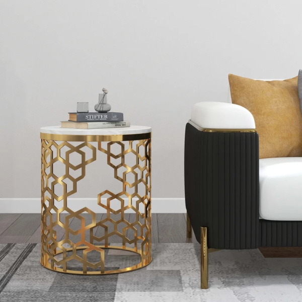 Modanio Contemporary Side Table | Currs Round Gold Side Table with Marble Top | End Table with Stainless Steel Frame, 16"Dia x 18"H