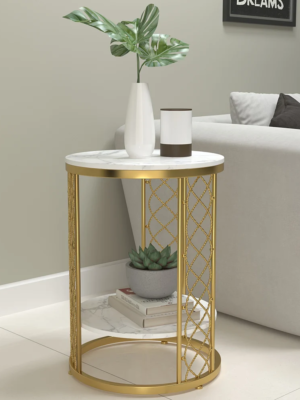 Modanio Modern  2-Tier Marble End Table with Gold Finish | Elegant Storage Side Table