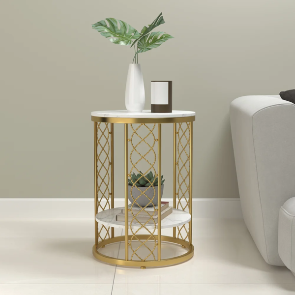 Modanio Modern  2-Tier Marble End Table with Gold Finish | Elegant Storage Side Table