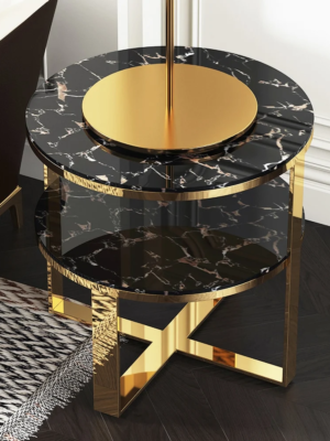 Modanio 2 Tier Round Black Marble Top Gold End Table Double Storage Nightstand