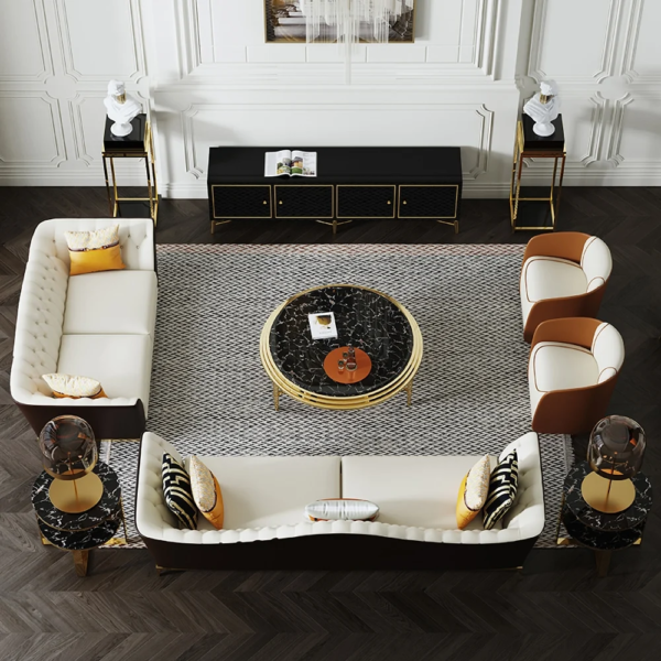 Modanio 2 Tier Round Black Marble Top Gold End Table Double Storage Nightstand