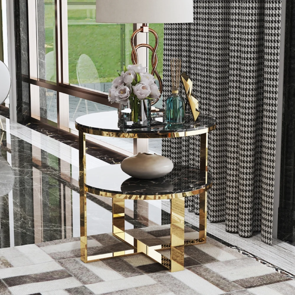 Modanio 2 Tier Round Black Marble Top Gold End Table Double Storage Nightstand