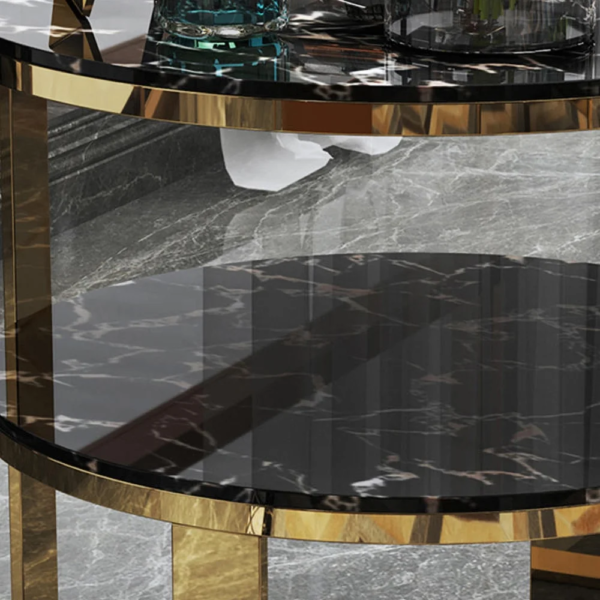 Modanio 2 Tier Round Black Marble Top Gold End Table Double Storage Nightstand