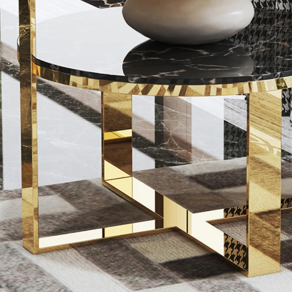 Modanio 2 Tier Round Black Marble Top Gold End Table Double Storage Nightstand