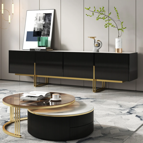 Modanio 60" Fluted TV Console with Italian Marble Top and Storage Cabinets