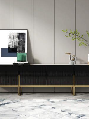 Modanio 60" Fluted TV Console with Italian Marble Top and Storage Cabinets