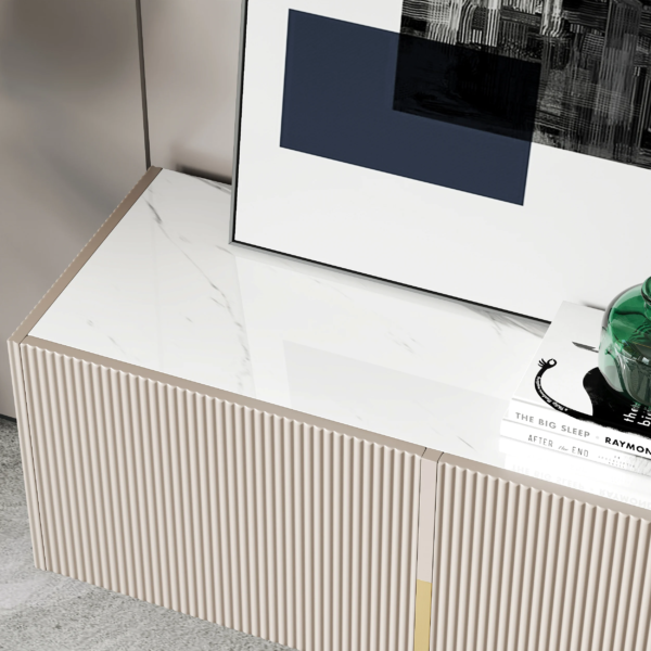 Modanio 60" Fluted TV Console with Italian Marble Top and Storage Cabinets