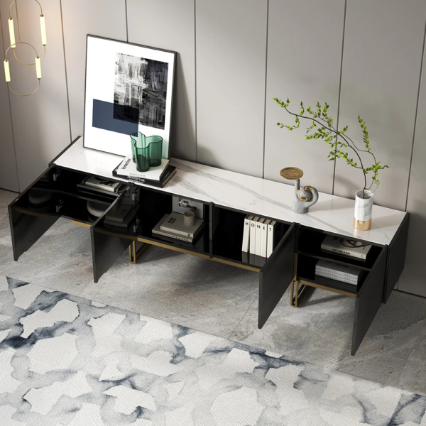 Modanio 60" Fluted TV Console with Italian Marble Top and Storage Cabinets