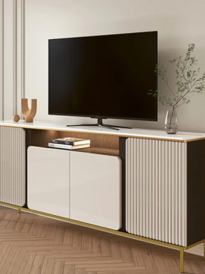 MOD-TC-02_3 Modanio Tall Beige TV Console with Top Italian Marble with 4 Doors & 5 Shelves 63X14"