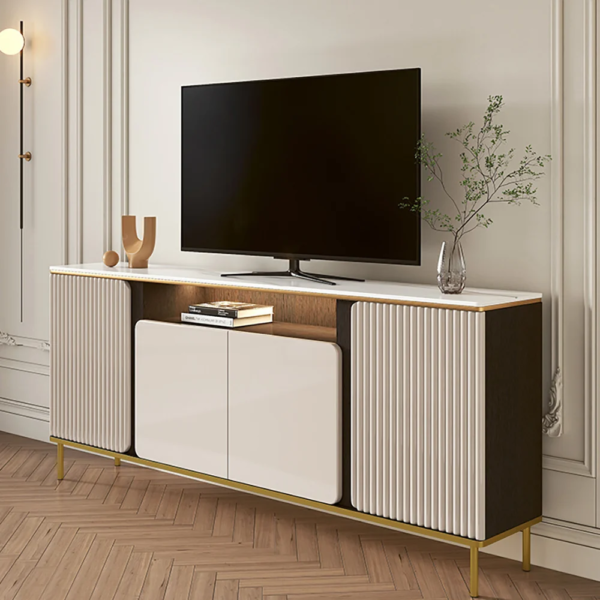 Modanio Tall Beige TV Console with Top Italian Marble with 4 Doors & 5 Shelves 63X14"
